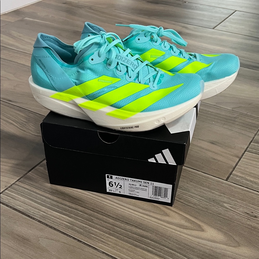Adidas Adizero Takumi Sen 11 Aqua and Neon Running Shoes Unisex size 6.5/7.5
